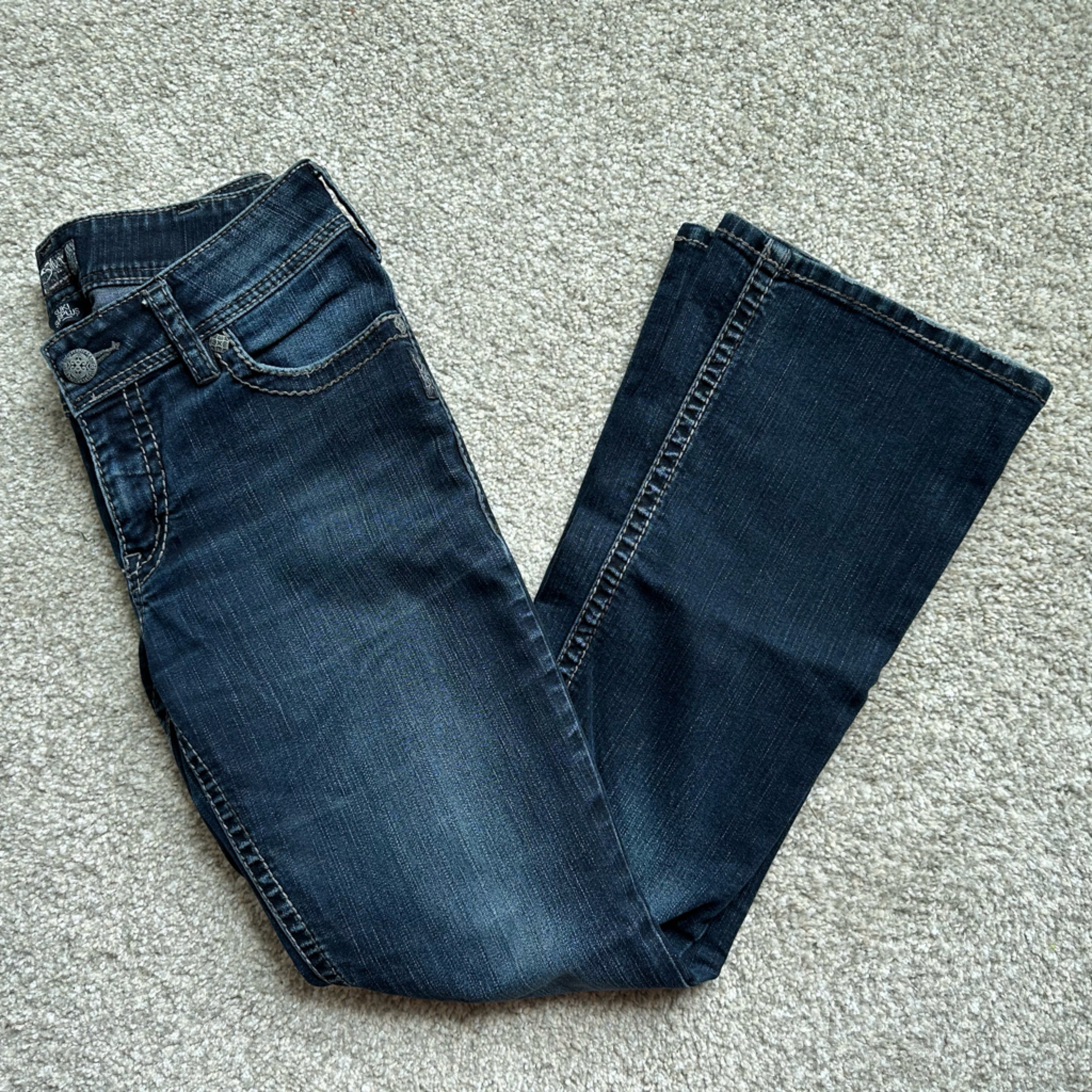 Womens Silver Suki Surplus Jeans Bootcut Dark Wash Low Rise Flap Pocket Denim